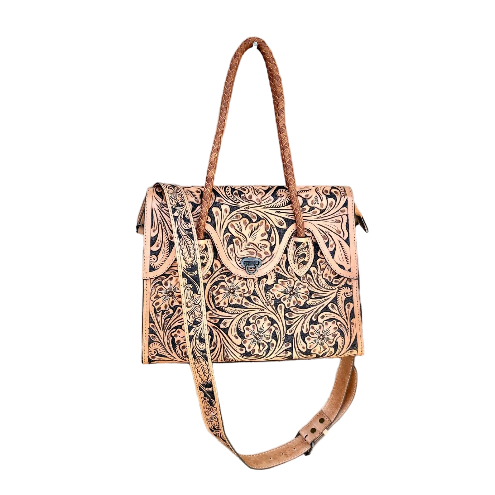 Hand-Tooled Leather Weekender Crossbody Tote Bag, Handmade Large Carry-On, Western Style Leather tooled Handbag